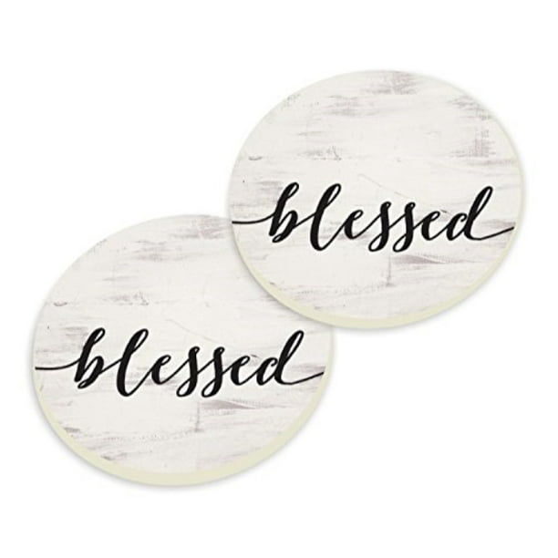 Blessed Script Design White Wash Look 2.75 x 2.75 Absorbent Ceramic Car Coasters Pack of 2 